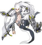  1boy arceus boots closed_mouth epaulettes grey_footwear hair_between_eyes katagiri_hachigou knee_boots long_hair male_focus personification pokemon pokemon_tail simple_background tail topless_male white_background white_hair yellow_eyes 