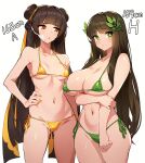  2girls arm_under_breasts bandage_on_face bandages bare_shoulders bikini black_survival blunt_bangs blush breast_envy breast_hold breasts breasts_apart brown_hair bust_chart chestnut_mouth cleavage clover clover-shaped_pupils collarbone covered_nipples cowboy_shot double_bun green_bikini green_eyes green_pupils groin gweon_sua hair_bun hair_ornament hair_ribbon hand_on_own_hip height highres large_breasts leaf_hair_ornament li_dailin looking_at_breasts looking_to_the_side micro_bikini milimon multiple_girls navel orange_bikini orange_eyes ribbon shamrock simple_background small_breasts swimsuit white_background 