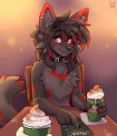  anthro beverage canid canine coffee collar ear_piercing first_person_view fleurfurr furniture hi_res horn looking_at_viewer male mammal piercing simple_background solo table 