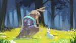  absurdres amiya_(arknights) animal_ears arknights blue_eyes blue_jacket brown_hair closed_mouth day drd1 forest highres hood hooded_jacket jacket long_hair nature outdoors pantyhose ponytail rabbit rabbit_ears rabbit_girl smile squatting 