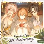  1nm8_(paradox_live) 3boys absurdres anniversary black_hair cardigan collared_shirt copyright_name cup glasses grey_hair highres holding holding_cup hou_(ppo) itsuki_(paradox_live) male_focus miyama_kei multiple_boys neck_tattoo orange_eyes orange_hair paradox_live pink_hair red_eyes rokuta_(paradox_live) shirt short_hair tattoo white_cardigan white_shirt yellow_eyes 