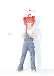  1girl absurdres ahoge blue_archive blue_eyes blue_overalls blush collarbone commentary_request double_bun enobun3gyo hair_bun halo hands_in_pockets highres maki_(blue_archive) overalls red_hair shadow shoes simple_background smile sneakers solo standing translation_request white_background 