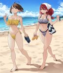  2girls :&gt; absurdres ahoge bag bandana bare_arms bare_legs bare_shoulders barefoot beach bikini blue_sky breasts brown_eyes brown_hair closed_mouth cloud cloudy_sky commentary commission day english_commentary feet flip-flops footprints frilled_bikini_top full_body green_eyes hand_up highres holding holding_clothes holding_footwear lewdrawings light_blush light_smile long_hair looking_at_viewer looking_to_the_side medium_breasts mole_on_chest multiple_girls navel ocean one_eye_closed original outdoors pixiv_commission red_hair sand sandals shadow shore short_hair shoulder_bag side-tie_bikini_bottom sky sparkle stomach string_bikini striped striped_bikini swimsuit toes w walking water white_bandana yellow_bikini 
