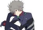  1boy bodysuit closed_mouth facing_to_the_side gloves grey_shirt looking_at_viewer male_focus nagisa_kaworu neon_genesis_evangelion official_style parody purple_gloves red_eyes shirt smile solo spiked_hair style_parody tousok white_background 