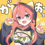  1girl ahoge animal_hood blush braid breasts cat_hood cleavage crop_top earrings fang highres hood iwara_(asat8724) jewelry long_hair nijisanji pink_hair shishido_akari solo twin_braids virtual_youtuber 