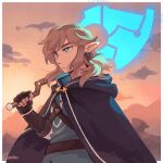  1boy axe belt blonde_hair blue_eyes blue_tunic cloud cloudy_sky earrings highres holding holding_axe jewelry link male_focus orphetoon sky sunset the_legend_of_zelda the_legend_of_zelda:_breath_of_the_wild 