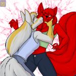  anthro black_nose blue_eyes breasts canid canine cleavage clothed clothing dreamspinner duo eyes_closed female female/female fox foxenawolf fur gloves_(marking) hair mammal markings multi_tail red_body red_fur red_hair shirt tail tank_top topwear white_body white_fur 