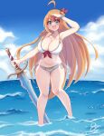  1girl absurdres ahoge beach bite_mark blue_eyes braid breasts cleavage drogo_doggo headband highres holding holding_weapon huge_breasts long_hair looking_at_viewer navel open_mouth orange_hair pecorine_(princess_connect!) princess_connect! single_braid solo swimsuit sword very_long_hair weapon 