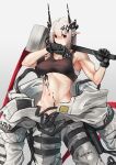  1girl absurdres arknights artist_name bandaged_arm bandages bare_shoulders black_gloves black_sports_bra ear_piercing feet_out_of_frame gloves grey_background grey_hair hair_ornament hammer highres holding holding_hammer holding_weapon horns kuromu long_hair looking_at_viewer mudrock_(arknights) muscular muscular_female navel open_clothes oripathy_lesion_(arknights) parted_lips piercing pointy_ears red_eyes sidelocks simple_background solo sports_bra standing stomach sweat weapon wiping_sweat 