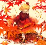  1girl aki_shizuha autumn autumn_leaves black_footwear blonde_hair closed_eyes closed_mouth collared_shirt full_body hair_ornament highres itomugi-kun leaf leaf_hair_ornament maple_leaf red_shirt red_skirt shirt shoes short_hair skirt smile socks solo touhou white_socks 