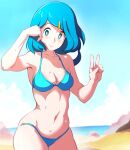  1girl alternate_costume beach bikini blush breasts bright_pupils closed_mouth cloud collarbone commentary_request cowboy_shot day ero_kaeru freckles green_bikini green_eyes hair_ornament hairclip hands_up lana&#039;s_mother_(pokemon) long_hair looking_down mature_female navel no_sclera outdoors pokemon pokemon_(anime) pokemon_sm_(anime) sand sky smile solo swimsuit v white_pupils 