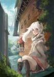  1girl absurdres balcony cloud highres jacket long_hair looking_at_viewer open_mouth original rooftop shorts sitting solo stairs touchika tree white_hair yellow_eyes 