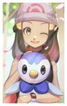  1girl ;d absurdres amazuya_azuma beanie blue_eyes blue_hair cherry_blossoms dawn_(pokemon) hair_ornament hat highres long_hair looking_at_viewer one_eye_closed open_mouth piplup pokemon pokemon_(creature) poketch red_scarf scarf shirt sleeveless sleeveless_shirt smile watch wristwatch 