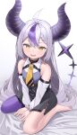  1girl ahoge ascot awa_(awao141) barefoot braid braided_bangs breasts fangs grey_hair highres hololive horns la+_darknesss la+_darknesss_(1st_costume) long_hair looking_at_viewer multicolored_hair open_mouth pointy_ears purple_hair purple_thighhighs single_thighhigh sitting skin_fangs small_breasts solo streaked_hair striped_horns thighhighs virtual_youtuber wariza yellow_ascot yellow_eyes 