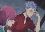  1boy 1girl blush bob_cut closed_eyes collared_shirt grey_hair hand_to_own_face jewelry krudears necklace open_mouth pink_hair protagonist_(tokimemo_gs3) rain red_eyes red_shirt shirt shitara_seiji short_hair short_sleeves smile tokimeki_memorial tokimeki_memorial_girl&#039;s_side_3rd_story upper_body wet wet_hair 