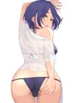  1girl ass bangs bikini black_bikini blue_hair blush breasts cowboy_shot dark_blue_hair hayami_kanade highres idolmaster idolmaster_cinderella_girls looking_back medium_breasts naboo_(naboo03) off-shoulder_shirt off_shoulder parted_bangs pussy see-through shirt short_hair sideboob simple_background solo spread_pussy standing swimsuit white_background yellow_eyes 