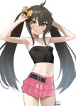  1girl animal_print armpits bare_shoulders black_hair bow breasts frilled_skirt frills hair_between_eyes hair_ribbon heart heart_necklace idolmaster idolmaster_cinderella_girls idolmaster_cinderella_girls_u149 jewelry kanzaki_muyu leopard_print long_hair looking_at_viewer matoba_risa midriff miniskirt navel necklace pink_skirt print_ribbon ribbon skirt small_breasts smile solo strapless tube_top twintails white_background yellow_eyes 