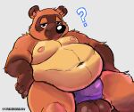  2023 animal_crossing anthro balls belly big_balls big_belly black_nose brown_body canid canine genitals hi_res male mammal moobs navel nintendo nipples onebigbeaw overweight overweight_male question_mark raccoon_dog simple_background solo tanuki tom_nook_(animal_crossing) 