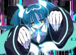  1girl black_sleeves blue_fire blue_hair breasts broken_screen choppy_bangs colored_skin commentary_request fire floating_hair frown ghost_miku_(project_voltage) ghost_pose glitch glowing glowing_neckwear grey_shirt hair_between_eyes hair_ornament hair_over_one_eye halterneck hatsune_miku head_tilt highres hitodama hodaka_sio jitome long_bangs long_hair looking_at_viewer multicolored_hair parted_lips pokemon project_voltage shirt single_flame sleeveless sleeveless_shirt small_breasts solo through_screen vocaloid white_nails white_skin yellow_eyes 