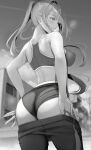  1girl absurdres ass bare_shoulders blush breasts building clothes_pull gentsuki greyscale highres large_breasts long_hair monochrome original outdoors pants pants_pull ponytail shorts solo sports_bra yoga_pants 