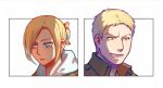  1boy 1girl annie_leonhardt blonde_hair blue_eyes brown_jacket commentary folded_ponytail jacket open_mouth reiner_braun shingeki_no_kyojin smile symbol-only_commentary white_hood yanglao_paopaoren yellow_eyes 