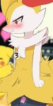  1girl aaa_(pixiv_70331378) absurdres animal_ear_fluff animal_ears animal_hands animal_nose arms_at_sides black_fur blurry blurry_background blush body_fur braixen clenched_teeth commentary_request constricted_pupils controller cowboy_shot embarrassed fang flat_chest fox_ears fox_girl furry furry_female highres multicolored_fur navel neck_fur nose_blush pikachu pokemon pokemon_(creature) red_eyes remote_control remote_control_vibrator sex_toy snout solo_focus standing sweat tape teeth trembling vibrator vibrator_cord white_fur yellow_fur 