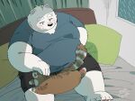  2023 anthro bear bed belly big_belly blush bottomwear clothing domestic_cat duo felid feline felis feral furniture hi_res inside kemono male mammal overweight overweight_male pillow shirt shorts sitting topwear uokkom white_body 