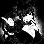  1girl :q animal_ears blunt_bangs breasts cat_ears cat_girl cat_tail cleavage closed_mouth commentary_request curvy extra_ears greyscale haseru_(ginku_mh) heart huge_breasts kaenbyou_rin leaning_forward long_sleeves looking_at_viewer medium_hair monochrome multiple_tails nekomata pointy_ears sidelocks smile solo tail tongue tongue_out touhou two_tails upper_body 