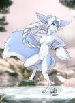  2023 accessory anthro blokfort blue_body blue_fur breasts canid canine dancing female fennec fox fur genitals hair hair_accessory hair_tie hi_res ice mammal mountain nipples nude outside pussy snow solo white_body white_fur white_hair 