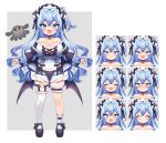 1girl apron asymmetrical_legwear bare_shoulders black_choker black_footwear black_nails black_wings blue_eyes blue_hair blue_ribbon bow breasts bridal_garter choker cleavage closed_eyes demon_girl demon_horns dress expressions footwear_bow full_body heart heart-shaped_pupils heart_o-ring highres horns indie_virtual_youtuber large_breasts long_hair maid maid_headdress maou_chirorunia msp_sammy off-shoulder_dress off_shoulder open_mouth ribbon second-party_source shortstack single_thighhigh socks strapless strapless_dress symbol-shaped_pupils thighhighs two-tone_dress white_apron white_socks white_thighhighs wings 