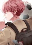  1boy backpack bag ball black_bag blue_lock braid brown_jacket closed_mouth holding holding_ball jacket kurona_ranze long_sleeves looking_at_viewer male_focus profile red_eyes red_hair short_hair side_braid single_braid soccer_ball solo upper_body user_cdug5424 white_background 