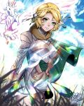  1girl armor blonde_hair blue_dress breastplate cape commentary cowboy_shot dress english_commentary fire_emblem fire_emblem:_three_houses green_cape green_eyes highres ingrid_brandl_galatea long_sleeves looking_at_viewer pauldrons pegasus short_hair shoulder_armor smile smkittykat solo standing 
