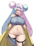  1girl aster_crowley bare_shoulders blue_hair blush bow-shaped_hair breasts character_hair_ornament collarbone grey_eyes grey_panties grey_sports_bra grey_thighhighs hair_ornament highres iono_(pokemon) jacket large_breasts light_blue_hair long_hair long_sleeves looking_at_viewer low_twintails multicolored_hair navel off_shoulder panties pink_hair pokemon pokemon_(game) pokemon_sv sharp_teeth single_thighhigh sleeves_past_fingers sleeves_past_wrists smile solo split-color_hair sports_bra sweat teeth thick_thighs thighhighs thighs twintails underwear yellow_jacket 