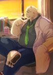  1boy animal_ears bara barefoot bear_boy bear_ears belly bulge cigarette cup curtains furry furry_male glasses green-framed_eyewear huge_eyebrows katoributa_a large_pectorals leib_(housamo) looking_to_the_side loose_necktie male_focus mature_male medium_hair mug muscular muscular_male necktie office on_chair pectorals plump ponytail presenting_foot seductive_smile shirt sideburns sitting smile solo stomach sunset teacher thick_thighs thighs tokyo_afterschool_summoners 