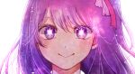  1girl blush closed_mouth commentary_request hair_between_eyes hair_ribbon highres hoshino_ai_(oshi_no_ko) light_particles long_hair looking_at_viewer one_side_up oshi_no_ko partial_commentary pink_ribbon portrait purple_eyes purple_hair ribbon sakurako_(user_tksr8842) sidelocks simple_background smile solo star-shaped_pupils star_(symbol) symbol-shaped_pupils white_background 