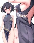 1girl absurdres black_hair blue_archive breasts closed_mouth cosplay dragon_print dress highres idolmaster idolmaster_shiny_colors kisaki_(blue_archive) kisaki_(blue_archive)_(cosplay) looking_at_viewer morino_rinze multiple_views nakoni_(solalalala) pelvic_curtain print_dress red_eyes simple_background small_breasts smile sweat white_background 