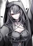  1girl 402_(o0_xxx) ;3 absurdres black_choker black_hoodie black_wings blunt_bangs breasts bustier choker cleavage criss-cross_halter demon_horns demon_wings detached_wings gothic grey_hair hair_between_eyes hair_over_one_eye halterneck head_tilt highres hood hood_up hoodie horns light_blush long_eyelashes long_hair long_sleeves looking_at_viewer medium_breasts mini_wings one_eye_closed open_clothes open_hoodie original oversized_clothes red_eyes sidelocks smile solo spiked_choker spikes wings 