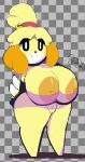  animal_crossing anthro armwear big_breasts blonde_hair breasts canid canine canis clothing cubesmolly domestic_dog female genitals hair hi_res isabelle_(animal_crossing) mammal nintendo nipples orange_nipples pussy simple_background solo tail white_eyes yellow_body 