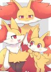  3_fingers ambiguous_gender anthro black_body black_fur blush braixen brown_nose canid canine cheek_tuft chest_tuft delphox digital_media_(artwork) facial_tuft fennekin fingers fluffy fur generation_6_pokemon group hi_res inner_ear_fluff looking_back looking_down looking_up mammal moduckten nintendo nude open_mouth open_smile pokemon pokemon_(species) red_body red_eyes red_fur red_nose shoulder_tuft simple_background smile snaggle_tooth tail teeth tongue tuft white_body white_fur yellow_body yellow_fur 