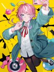  1boy absurdres amemura_ramuda axescr belt black_panties blue_eyes candy cellphone collared_shirt finger_to_mouth food green_jacket highres holding holding_phone hypnosis_mic jacket lollipop long_hair long_sleeves male_focus one_eye_closed panties phone pink_hair red_ribbon ribbon selfie shirt short_hair sidelocks smartphone smile solo sticker underwear white_shirt wrapped_candy yellow_background 