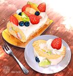  blueberry cake dated food food_focus fork fruit kiwi_(fruit) kiwi_slice no_humans ooranokohaku original plate still_life strawberry watermark whipped_cream 