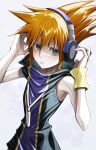  1boy absurdres blue_eyes hair_between_eyes hands_on_headphones headphones highres hood hoodie looking_at_viewer male_focus orange_hair parted_lips sakuraba_neku senju_yosiyuki short_hair sleeveless sleeveless_hoodie solo spiked_hair subarashiki_kono_sekai upper_body v-shaped_eyebrows white_background 