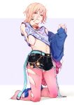  1boy androgynous belt black_belt black_shorts blonde_hair blue_belt ensemble_stars! full_body highres houdi_nguyen jewelry leggings looking_at_viewer male_focus multicolored_background multicolored_belt necklace nito_nazuna parted_lips pink_leggings purple_background purple_tank_top red_eyes short_hair_with_long_locks shorts solo star_(symbol) tank_top teeth white_background 