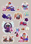  1girl absurdres aluuuuu721 animal_ears armor bandana bandana_waddle_dee blue_bandana blue_eyes cape claws closed_eyes crown dark_meta_knight dark_nebula daroach dimension_mirror disembodied_limb drawing elfilin extra_arms galaxia_(sword) gem_apple gloves grey_background hat highres holding holding_sword holding_weapon horns invincible_candy jester_cap juggling king_dedede kirby kirby_(series) kirby_burger marx_(kirby) master_crown maxim_tomato meta_knight mouse_ears notched_ear outline pauldrons pink_hair pom_pom_(cheerleading) queen_sectonia shoulder_armor solid_oval_eyes star_dream star_rod susie_(kirby) sword taranza weapon white_hair white_outline 