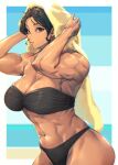  1girl abs ass beach bikini black_hair breasts frown highres huge_ass large_breasts looking_at_viewer mikel_(4hands) muscular muscular_female original red_eyes short_hair solo swimsuit towel towel_on_head wet 