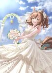  1girl absurdres animal_ears aston_machan_(umamusume) bare_shoulders blush bouquet breasts bridal_veil brown_hair cloud cloudy_sky collarbone cowboy_shot dress green_eyes highres holding holding_bouquet horse_ears horse_girl horse_tail kokage_yugure looking_at_viewer medium_breasts medium_hair open_mouth sky smile solo strapless strapless_dress tail umamusume veil wedding wedding_dress 