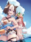  2girls ;d absurdres alternate_costume animal_ears bikini blue_eyes blue_sky blush bow breasts carrot cleavage cloud cloudy_sky collarbone commentary criss-cross_halter ear_covers hair_bow hair_ornament hairband halterneck headband highres hime_cut holding holding_water_gun horse_ears horse_girl horse_tail large_breasts long_hair looking_at_viewer looking_to_the_side medium_breasts medium_hair multicolored_hair multiple_girls nanare_qilin navel ocean one_eye_closed open_mouth orange_bow outdoors plaid plaid_bow purple_eyes short_hair silence_suzuka_(umamusume) sky small_breasts smile special_week_(umamusume) streaked_hair swimsuit tail teeth thigh_strap thighs two-tone_hair umamusume upper_teeth_only wading water water_drop water_gun wet white_bikini 
