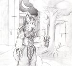  anthro asian_clothing biped building canid canine clothed clothing east_asian_clothing female fox hi_res japanese_armor japanese_clothing kitsune_youkai lamp mammal moon night oil_lamp plant solo tail torch tree 
