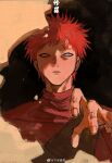  1boy gaara_(naruto) geokinesis green_eyes hand_up highres looking_at_viewer male_focus myyykco naruto_(series) naruto_shippuuden open_hand red_hair sand serious shirt short_hair solo tattoo upper_body 