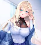  1girl absurdres bare_shoulders blonde_hair blue_eyeliner blue_eyes blue_nails blue_skirt blush breasts day hair_between_eyes hand_up highres indoors large_breasts long_hair long_sleeves looking_at_viewer off-shoulder_sweater off_shoulder open_mouth pleated_skirt project_blue_(vtuber) ribbed_sweater see-through_cleavage skirt smile solo sweater virtual_youtuber yu_lei 